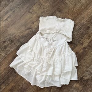 White Strapless Ruffle Mini Dress